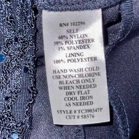 Navy Lace and Sequin Sheath Dress with Cowl Neckline - Picture 8 of 8